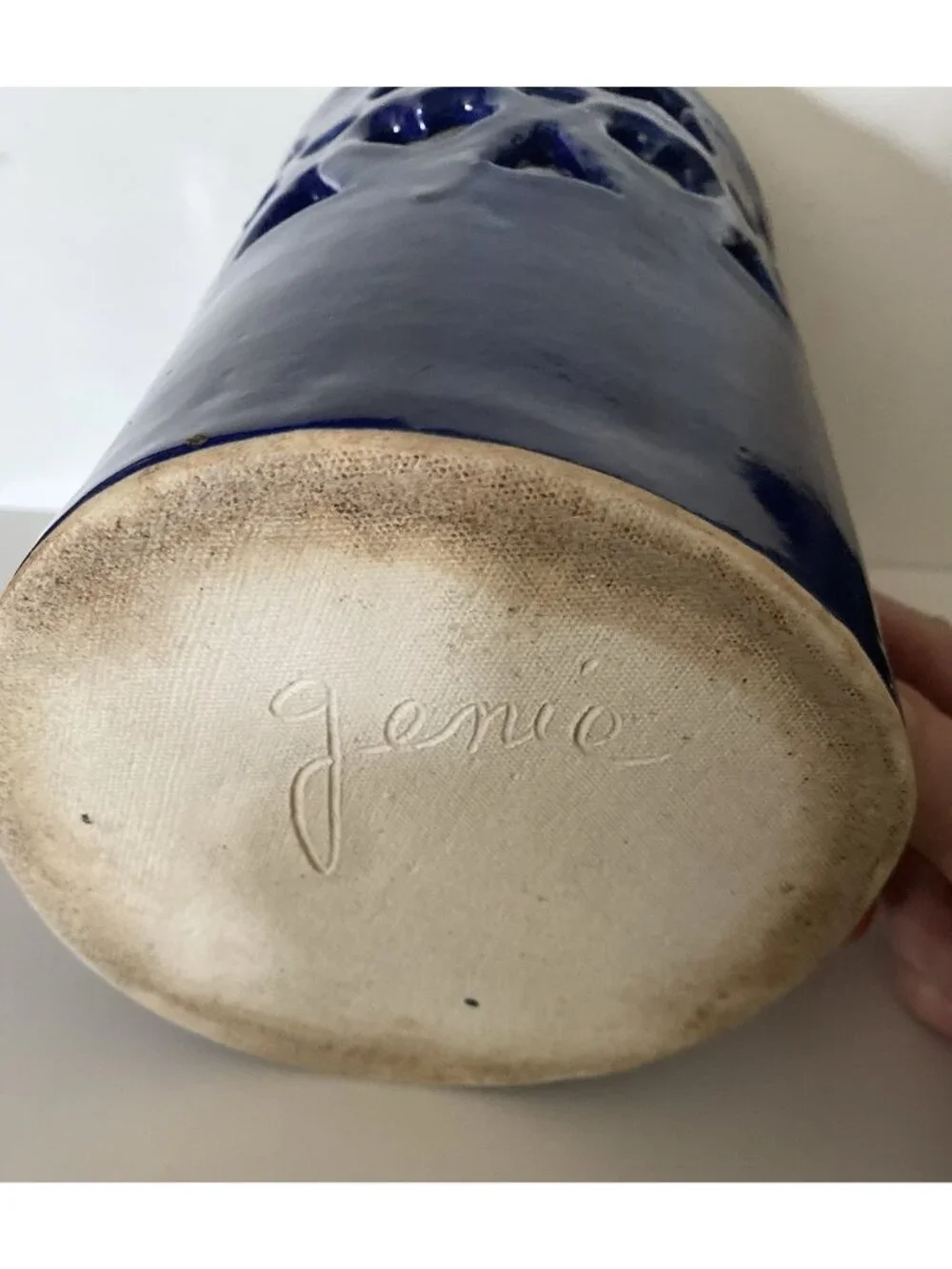 Vtg Signed Studio Pottery Cobalt Kitchen Utensil Holder Cutout Children Hearts